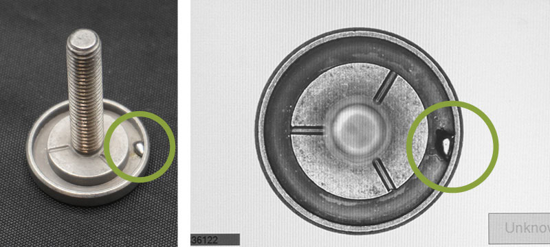 Defekt auf der Innenseite des Flansches und Softwareansicht der AI-Tools